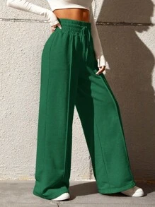 SHEIN Tall CURVE Plus Size Women's Casual Extra Long Knitted Fabric Pants With Pockets In Dark Green - Dark Green - View 3