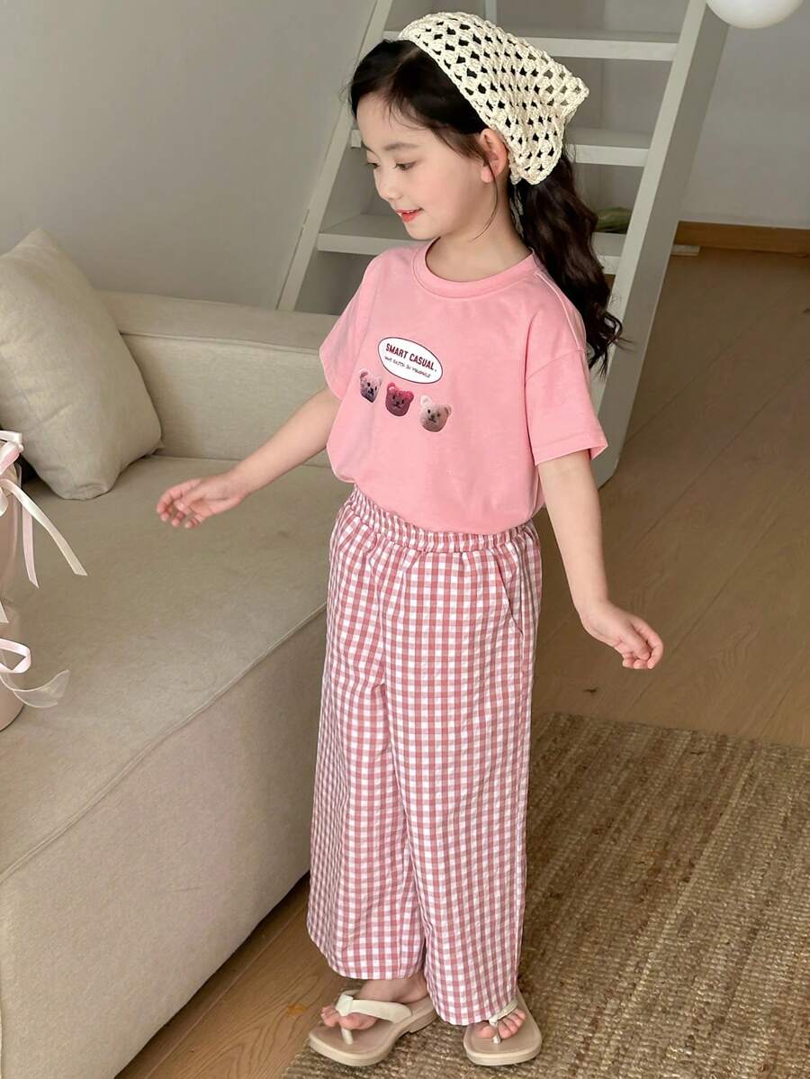 DAZY Young Girl 少女圆领针织印花短袖T恤+格子长裤家居服 春夏 - 粉色 - 查看 1