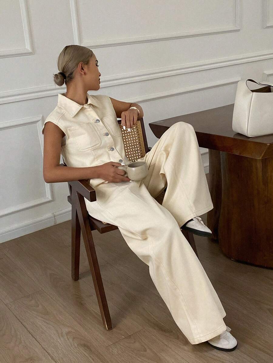 Livesso Women's Single-Breasted Vest And Wide-Leg Jeans Suit Work Women Clothes