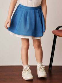 PrepCrw Young Girls' Blue Pleated Mini Skirt, Preppy Style For Spring/Summer - Blue - View 7