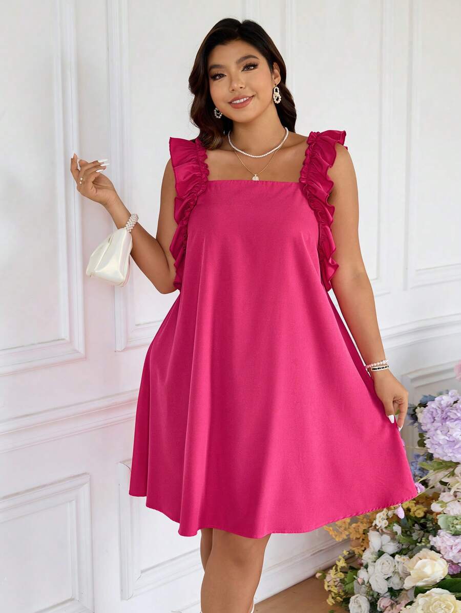 SHEIN Frenchy 大码女式夏季浪漫优雅荷叶边拼布连衣裙，适合海滩度假、婚礼季节、浪漫约会 - 玫紅色 - 查看 1