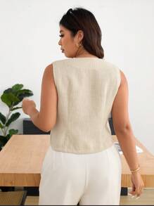 SHEIN Frenchy 大码女式夏季优雅简约百搭衬衫，适合办公室通勤，纯色女士衬衫 - 杏色 - 查看 2