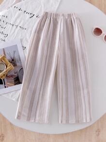 SHEIN Toddler Young Boys Fashion Khaki Vertical Stripe Comfortable Straight Leg Pants With White Bow Accent, Suitable For Sports & Casual Wear, Spring/Summer - Apricot - View 2