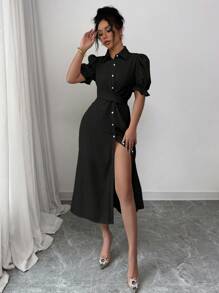 Selianne Elegant French Style Casual Day Versatile Collared Cross Tie Flounce Puff Sleeve Open Front Dress, Buttercup Yellow For Women, Spring/Summer - Black - View 5