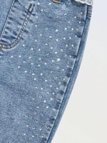 女孩年轻女孩闪亮破洞松紧腰牛仔喇叭裤，休闲，时尚，适合度假和街头装，夏季 - 中等水洗藍 - 查看 7