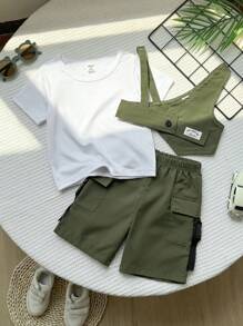 Set 3 buc ținută de vară pentru bebeluș băiețel - tricou cu mânecă scurtă, pantaloni cargo, vestă, la modă și perfectă pentru joacă în aer liber