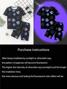 2 件套男童夜光足球印花黑色休闲圆领短袖上衣和紧身裤睡衣套装 - 彩色 - 查看 3