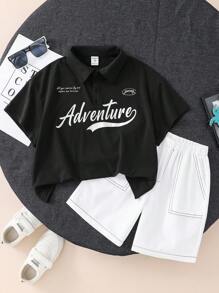 SHEIN Conjunto de 2 peças para meninos, casual e confortável, estilo universitário, simples e moderno, com estampa personalizada de letras, camisa polo de manga curta e shorts com bolso. Ideal para primavera/verão, uso diário, esportes, passeios, escola, festas, festivais, ensaios fotográficos e volta às aulas. - Preto - Ver 3