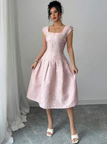 SHEIN PETITE Váy dài vừa phải vải jacquard cho nữ 2025, thời trang - Hồng - Xem 1