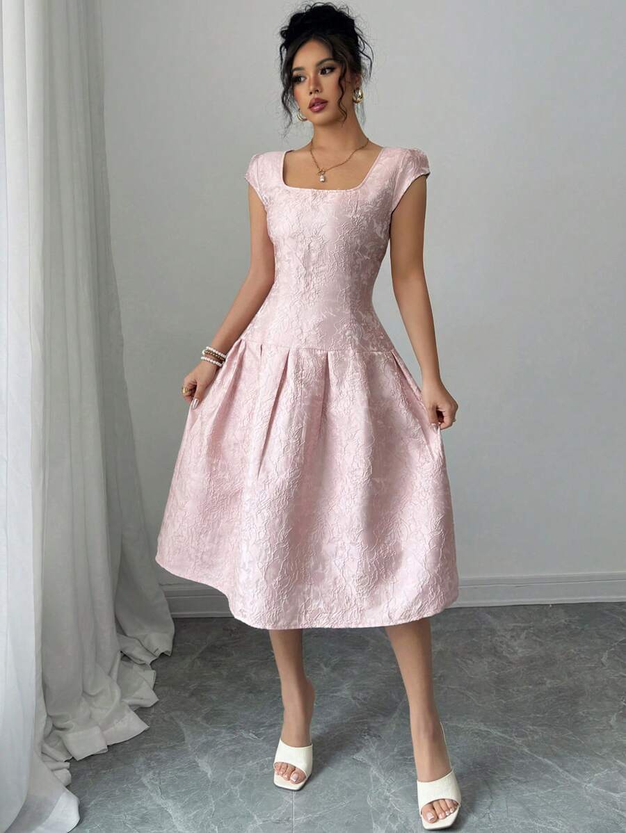 SHEIN PETITE Váy dài vừa phải vải jacquard cho nữ 2025, thời trang - Hồng - Xem 1