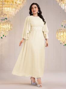 Modelyn Women Plus Size Pearl Decor Ruffle Sleeve Elegant Dress