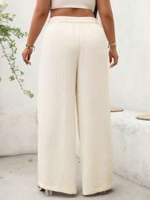 Flirla Plus Size Women's White Summer Smart Casual Holiday Elegant French Bohemian Jacquard Crinkle Fabric Flared Leg Pants,Casual Solid Color Fall Cloth - Apricot - View 2