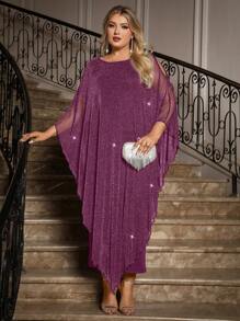 SHEIN Clasi 加大码优雅雪纺连衣裙长款披肩覆盖婚礼宾客正式鸡尾酒会新娘母亲装 - 紫色 - 查看 1