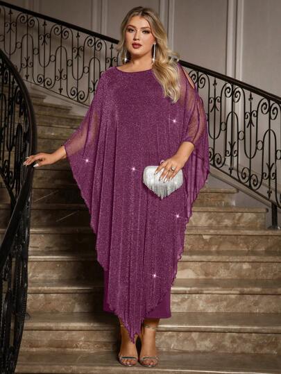 SHEIN Clasi Vestido elegante de gasa con sobrecapa larga, para invitado de boda, formal, cóctel o madre de la novia, talla grande