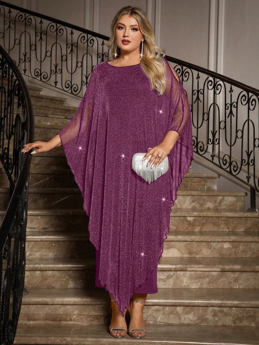 SHEIN Clasi 加大码优雅雪纺连衣裙长款披肩覆盖婚礼宾客正式鸡尾酒会新娘母亲装 - 紫色 - 查看 1