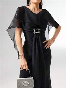 Modelyn Vestido largo elegante de mujer con malla de contraste, casual y minimalista para uso diario