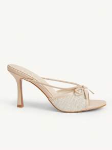 CUCCOO CHICEST Giày sandal cao gót mũi tròn, quai nơ thanh lịch, kiểu dáng mảnh mai, chất liệu vải lanh màu kaki, thích hợp cho tiệc trà, hẹn hò, trang phục duyên dáng, kỳ nghỉ hoặc dịp Giáng sinh. - Màu be - Xem 4