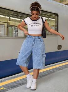 SHEIN ICON Pantalones cargo de mezclilla lavada con pierna recta y holgada, con bolsillos grandes