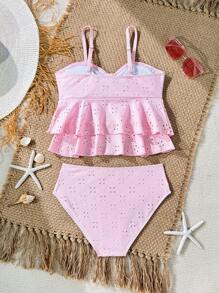 SHEIN Tween Girl Solid Spaghetti Strap Bikini Set With Hollow-Out, Ruffled Hem - Pink - View 2