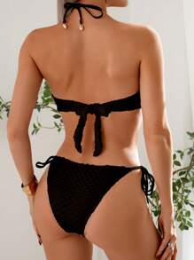 SHEIN Swim Women's Summer Holiday Beach Textured Halter Bikini Set - Black - View 2