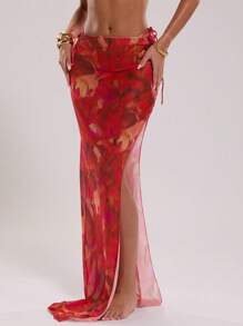 SHEIN BAE Women's Tie-Dye Printed Low-Waisted Drawstring Side Slit Swimsuit Wrap Skirt, Elegant Sexy, Spring/Summer New Arrival, Tulle Wraps, Holiday Clothes, Vacation Outfits Woman, Festival