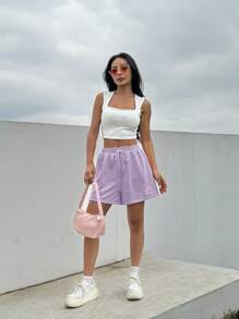 SHEIN EZwear Quần short thể thao EZwear Summer Loose Casual Pink Drawstring Waist Patch Detail - Màu Lilac Tím - Xem 3