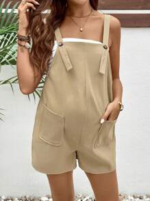 SHEIN Maternity Casual Khaki Woven Fabric Pocket Detail Sleeveless Strap Short Jumpsuit For Everyday Comfort - Khaki - View 3