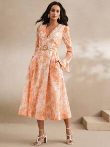 Anewsta Robe femme avec imprimé floral, ornée de perles et de strass, col en V profond, taille cintrée, ceinture décorée de perles et de strass. Style printanier, festival, Saint-Valentin, élégant, vacances de Pâques - Multicolore - Voir 5