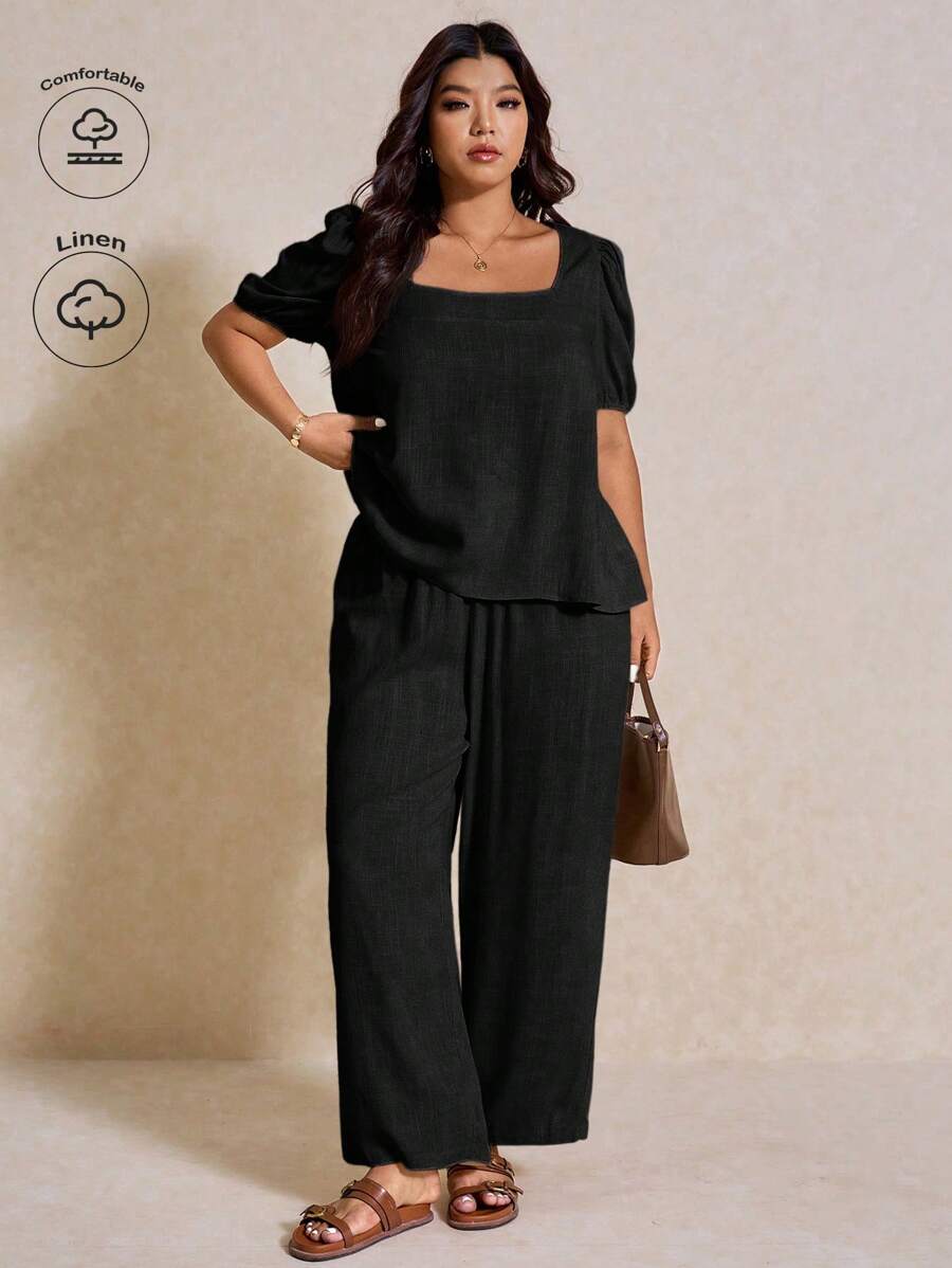 Elaquor Bộ 2 áo thun tay ngắn cổ vuông màu trơn cỡ lớn kèm quần dài rút dây