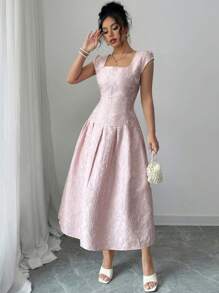 SHEIN Tall 女式 2025 新款提花面料优雅休闲中长连衣裙 - 粉色 - 查看 4