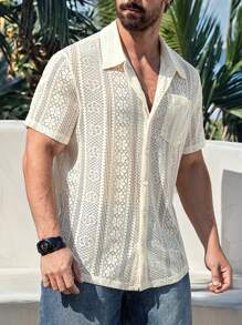 Manfinity Homme Plus Size Men's Hollow Out Short Sleeve Single Breasted Pocket Casual Shirt - Apricot - View 1