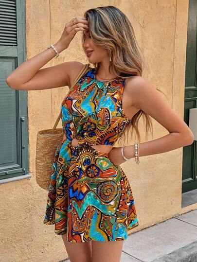 Vivid Eden Women's Summer Outfits For Women Boho Jumpsuit Vacation Full Print Cut-Out Waist Sleeveless Romper Spring & Easter Beach Woman Rompers
