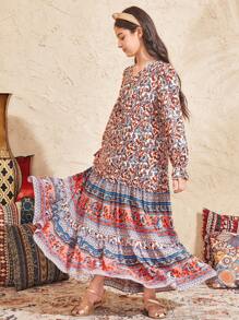 SHEIN Leap Crew Tween Girls Loose V-Neck Long Sleeve Ruffle Sleeve Print Long Dress - Coral Orange - View 3