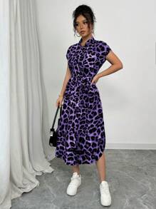 Chiquease Women's Casual Vacation Travel Leopard Print Front Button Shirt Belt Bow Pocket Side Slits 2025 Summer New Short Sleeve Long Dress