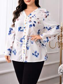 Lacomfia Plus Size Women Floral Print V-Neck Long Sleeve Button Design Blouse