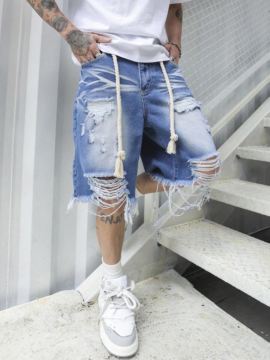 Manfinity Roughcore 男式宽松棉质破洞毛边牛仔短裤，emo 风格