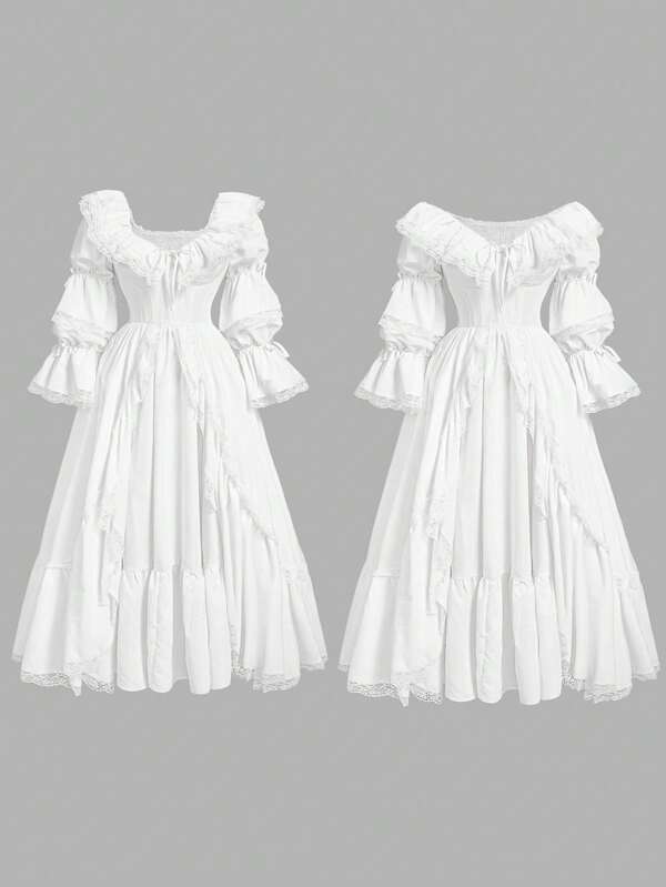 SHEIN MOD Plus Size White Vintage Palace Patchwork Ruffled Collar Romantic Flared Vacation Princess Dress. Dresses For Women Elegant Women Dresses