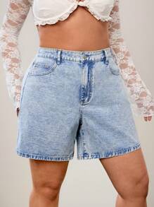 SHEIN ICON Plus Size Women Fashion Versatile Bow Embroidery Denim Shorts - Light Wash - View 4
