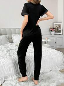 SHEIN Color Block Letter Print V-Neck Short Sleeve Pajama Set For Women - Black - View 2