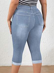 EMERY ROSE Plus Size Women Pockets & Distressed Short Skinny Casual Denim Jeans Autumn For Women Festival Capris For Women Elegant Ripped Jeans - Light Wash - View 2