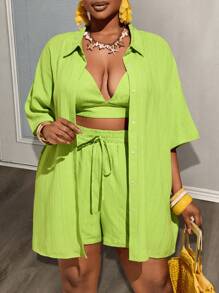 Slaydiva Plus Size 3pcs/Set Casual Vacation Outfit, Including Loose Short Sleeve Shirt, Short Camisole, And Shorts For Women,Holiday Outfits - Green - View 3