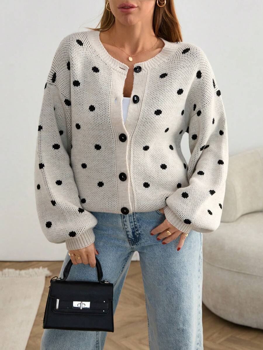 EURMUSE 圆点纽扣针织开衫，泡泡袖，罗纹领