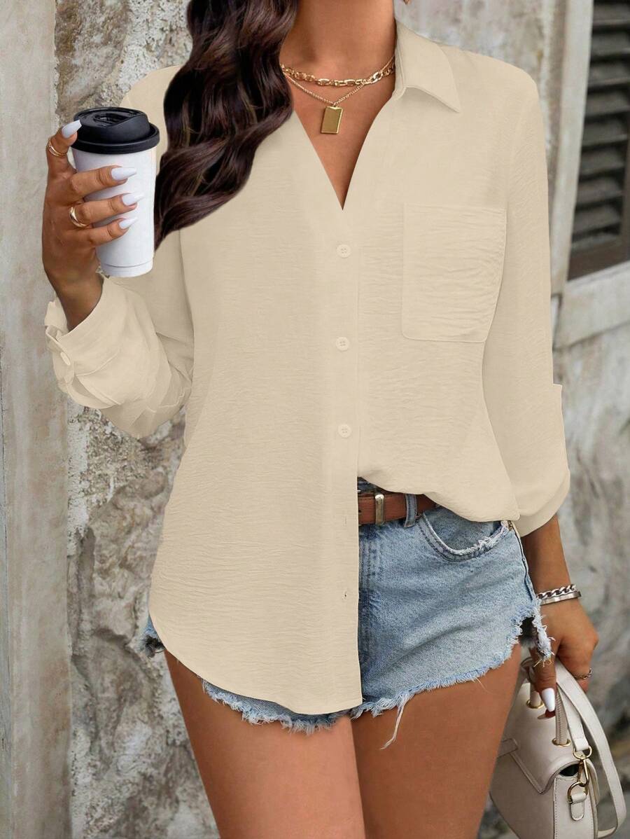SHEIN LUNE Women Plus Size Casual Solid Color Long Sleeve Blouse