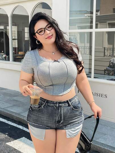 SHEIN EZwear 大码女式大胆前卫街头时尚酷炫时髦复古中长款牛仔短裤，夏季