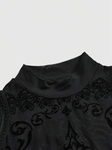 ROMWE Goth 女式复古哥特式植绒和网眼拼布腰部紧身衣 - 黑色 - 查看 5