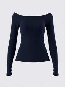 SHEIN BASICS Women's Casual Solid Color Off-Shoulder Long Sleeve Fitted Regular Blouse Navy Blue - Navy Blue - View 2