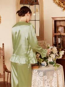 Côtesoire French Vintage Embroidered Lace V-Neck Ruffles Patchwork Faux Silk Pajama Set - Green - View 2