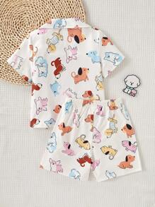 2pcs/Set Girls' Casual Fashionable Full Print Puppy Doodle Pattern Open Front Short Sleeve Top And Shorts Pajama Set