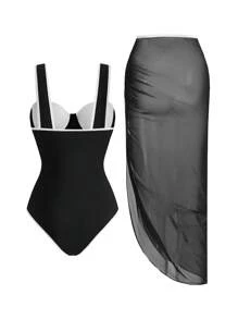 Swim Oasis SS2025 女士春夏沙滩泳装，纯色连体泳衣+多层短裙，黑色和彩色