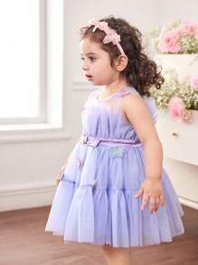 Cute Elegant Purple Butterfly Mesh Overaly Summer Dress For Baby Girl - Purple - View 3